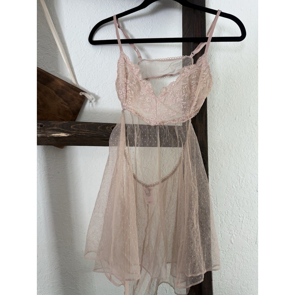 Victoria’s Secret Pink Sheer Lace Babydoll Lingerie Dress Small Mesh Slip Night